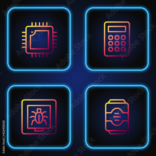 Set line Energy drink, Insects a frame, Processor with CPU and Calculator. Gradient color icons. Vector