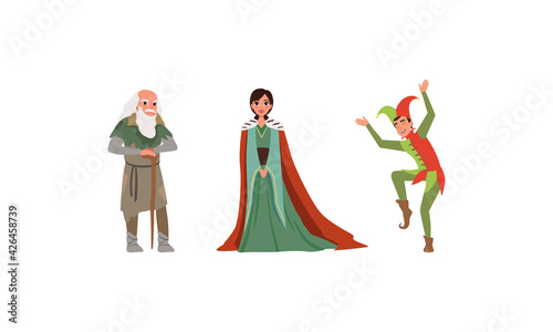 Medieval Characters Dressed Ancient Clothes Set, Majestic Queen, Old Poor Man, Jester Vector Illustration