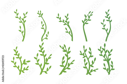 Set abstract silhouette green floral branch leaves trees art background for design template element logo for ecology, icon green trees, sign nature, symbol spring and summer. Vector illustration.