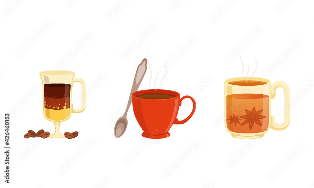 Morning Breakfast Drinks Set, Hot Aroma Beverages, Tea and Coffee Cups  Cartoon Vector Illustration Stock Vector | Adobe Stock