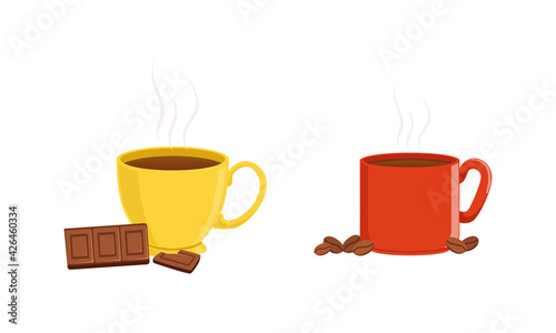 Hot Aroma Beverages  Ceramic Cups of Coffee and Chocolate Cartoon Vector Illustration