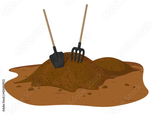 Vector pile of soil. One big brown heap of organic compost in side view isolated illustration, fertile soil for growing garden crops