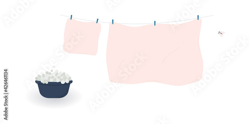 Concept of washing and drying: washed cute soft pink bed sheet and pillowcase with butterfly.Linen hanging on clothesline and attached by clothespins.Wash basin with soap foam. Vector illustration