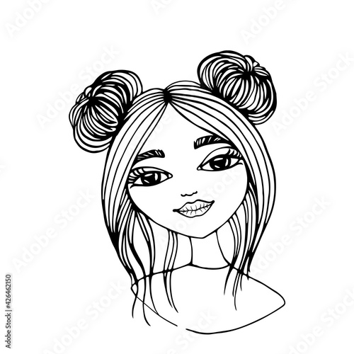 Hand-drawn beauty woman with luxurious bun silk hairstyle. Idea for business card typography vector. Wedding style beautiful model isolated on white.