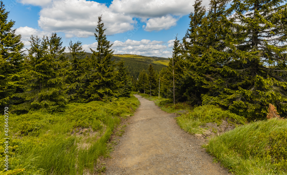Long mountain trail with panorama if Karkonosze Giant Mountains around
