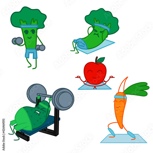 Set of illustrations of vegetables and fruits going in for sports isolation on a white background. Broccoli apple carrot avocado. Vector illustration.