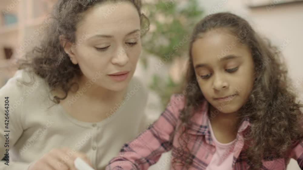 Female tutor helping student to do home assignment, distance learning, support Female tutor helping student to do home assignment, distance learning, support