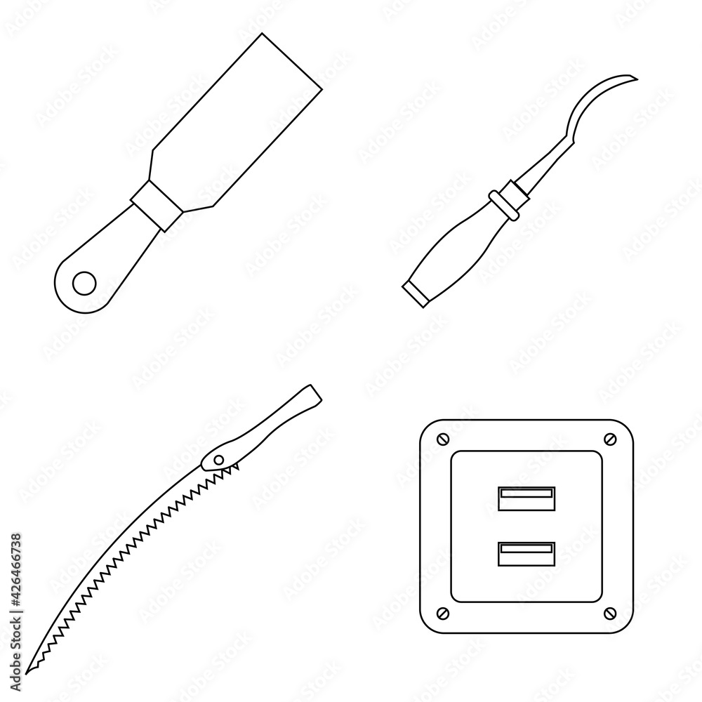 Obraz premium Set of work icons. Putty knife, chisel, handsaw, socket usb plug