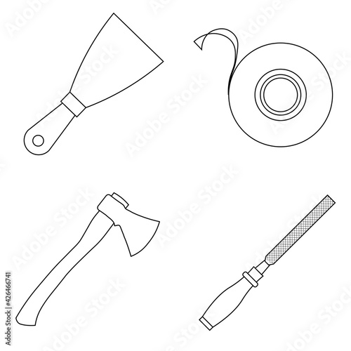 Set of work icons. Putty knife, file tool, ax, insulating tape
