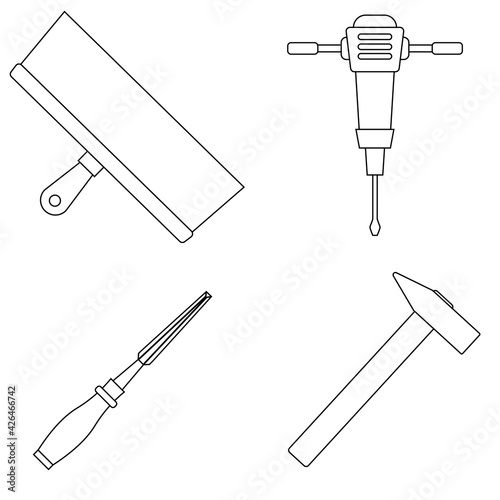 Set of work icons. Putty knife, mining hammer drill, chisel, hammer
