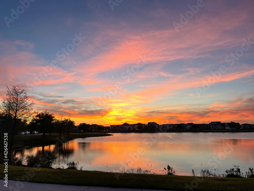 Beautiful pink, orange and blue sunset reflecting on a lake