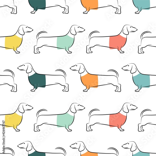 Seamless pattern with the image of dachshunds in multicolored T-shirts. Funny print. Design for paper, textile and decor.