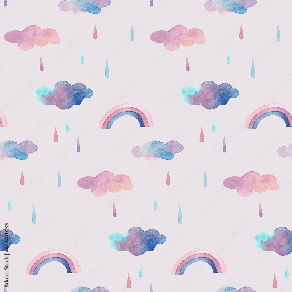 Cute seamless pattern with rainbow and pink and blue clouds with rain drops. Isolated on white watercolor rainbow and clouds for textile, fabric Cute seamless pattern with rainbow and pink and blue clouds with rain drops. Isolated on white watercolor rainbow and clouds for textile, fabric