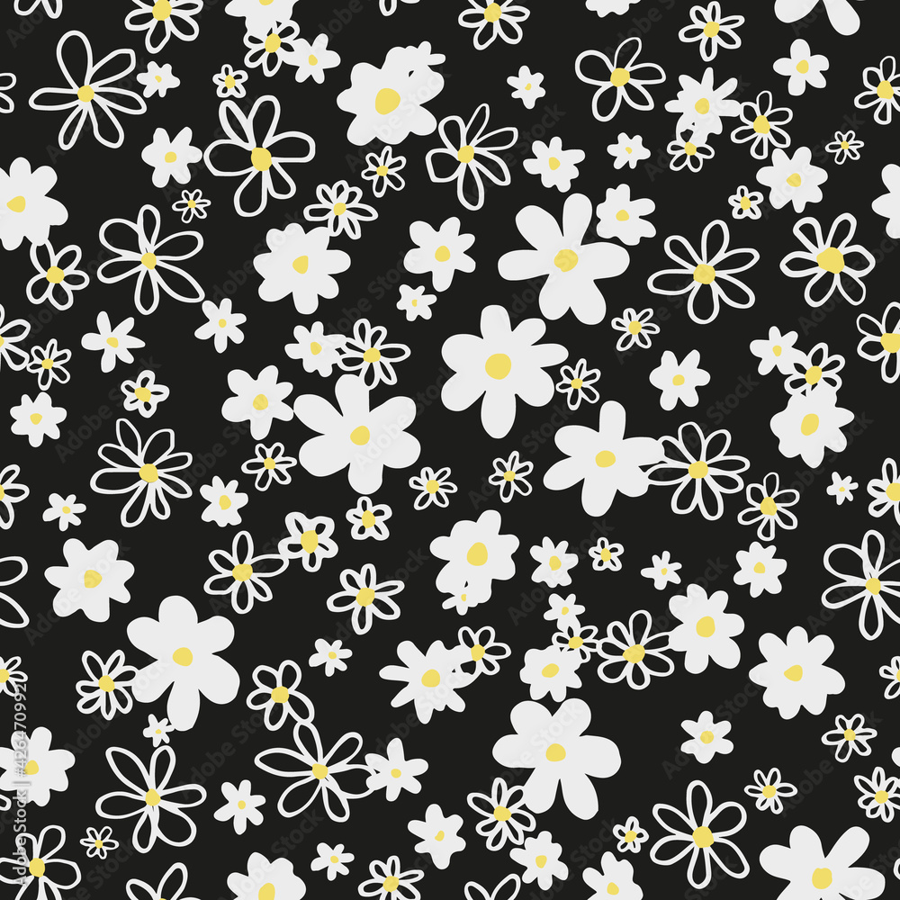 Cute ditsy daisy vector flower seamless repeat pattern. All over print with black background. Cute ditsy daisy vector flower seamless repeat pattern. All over print with black background.