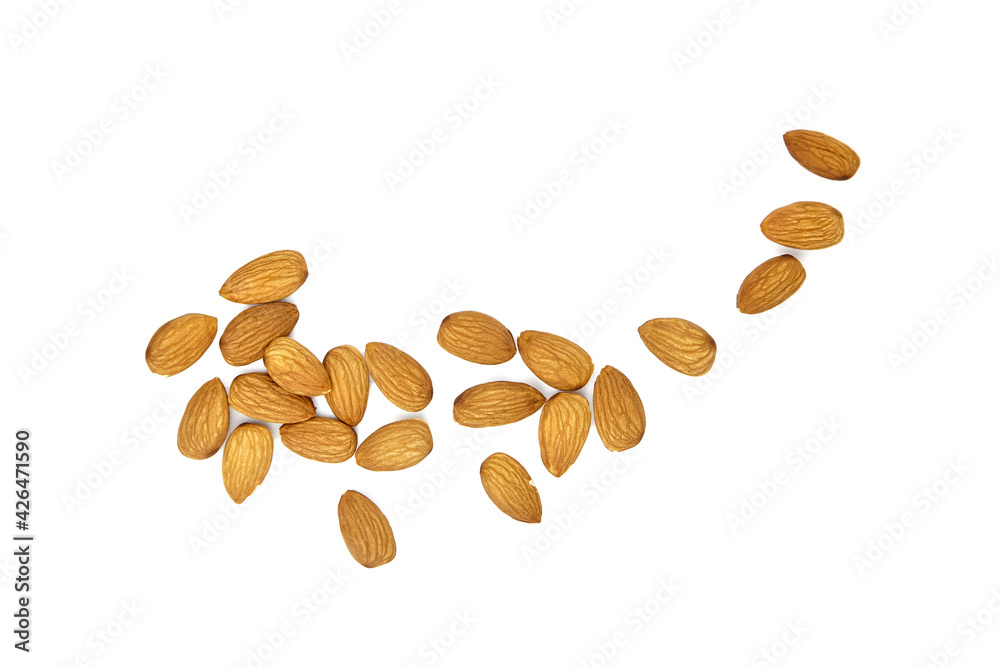 Almond nuts isolated on white background, top view. Heap of almonds Almond nuts isolated on white background, top view. Heap of almonds