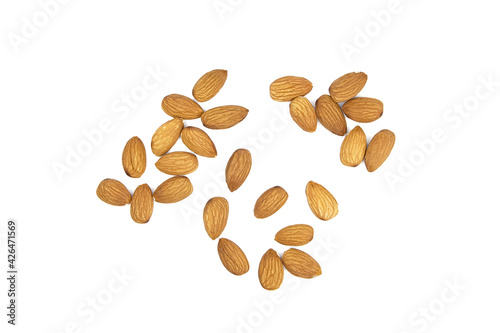 Almond nuts isolated on white background, top view. Heap of almonds