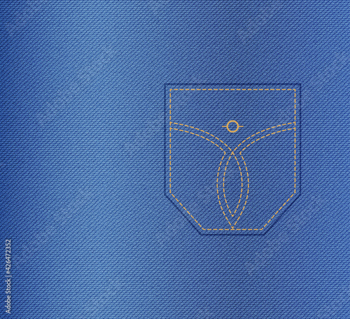 Denim texture vector, blue jeans background with patch pocket. Abstract clothing illustration