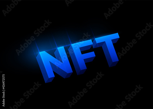 NFT non fungible tokens concept vector background. Big 3d blue shiny letters sign isolated on dark black backdrop. Tokenscrypto art design