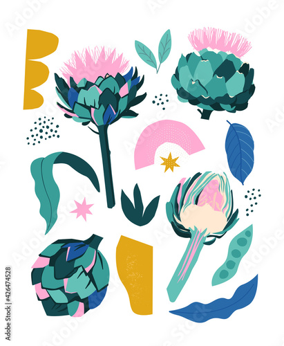 Collage contemporary stylized artichoke and abstract shapes with the text. Banner, poster, wrapping paper, sticker, print, modern textile design. Vector illustration. photo