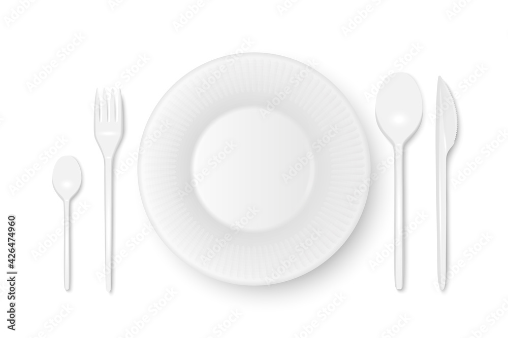 Vector 3d Realistic White Plastic, Paper Disposable Food Dish, Cutlery - Plate, Spoon, Fork, Khife Icon Set Isolated. Top View. Design template, Mock up for Graphics, Branding Identity, Printing Vector 3d Realistic White Plastic, Paper Disposable Food Dish, Cutlery - Plate, Spoon, Fork, Khife Icon Set Isolated. Top View. Design template, Mock up for Graphics, Branding Identity, Printing
