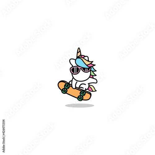 Cute unicorn playing skateboard cartoon, vector illustration