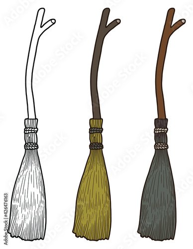 Witch's brooms. Magic items. Isolated on white. 
