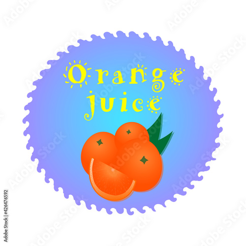  Oranges with yellow letters. Vector of bright sticker, emblem logo and label