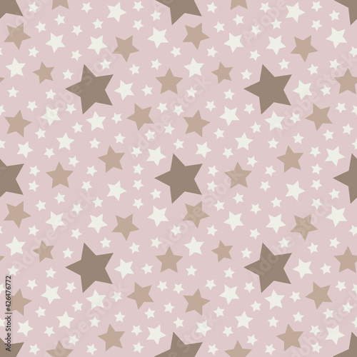 Stars seamless pattern big and small in pastel colors on beige pink background. Vector stars. For material, paper, cover, clothing, wallpaper, notepad, flyer, wrapping paper