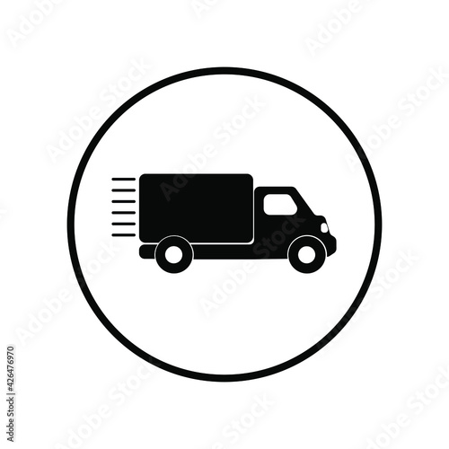 Truck icon in a white circle. Delivery and transportation of goods. User interface button in smartphone app. Vector illustration