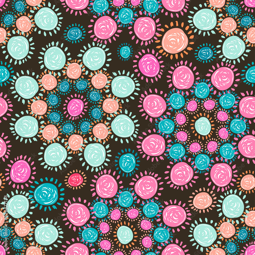 Vector seamless colorful pattern with abstract flower circles in pink on dark background