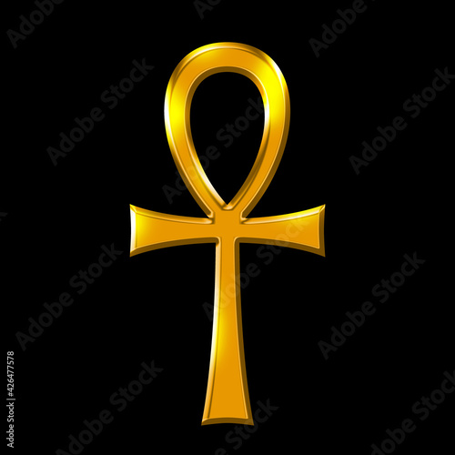 Fotografie Golden Ankh symbol, the key of life over black
