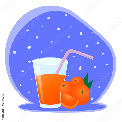 Glass of juice orange with fresh oranges. Сan be used as emblem, logo, label, sticker and print.
