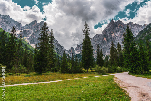 Hiking trail in the mountains of the Sexten Dolomites in Italy.