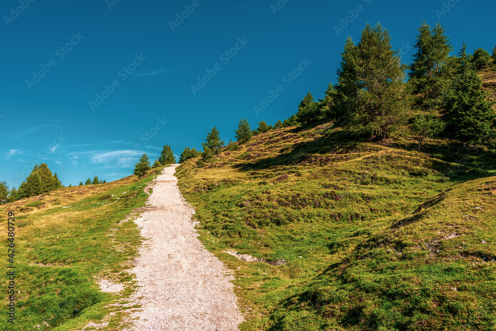 Hiking trail in the mountains of the Sexten Dolomites in Italy.