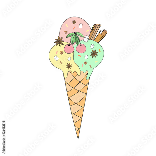 Ice cream cone with cherry and cinnamon. Vector illustration in doodle style with colored balls for textile, prints, stickers, posters, postcards, menu design, cafe interior.