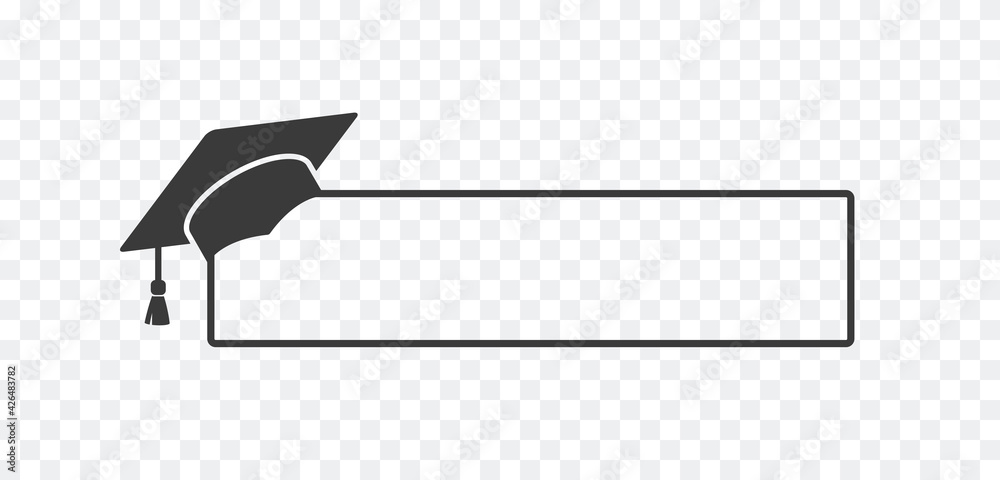 Graduate college, high school or university cap icon isolated on transparent background. Vector degree ceremony hat with line stroke border. Black educational student symbol and blank frame