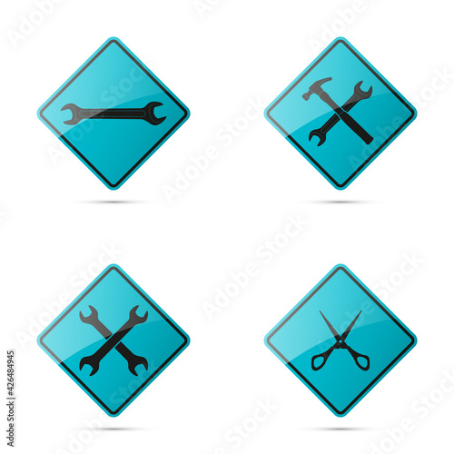 Set icons image of tools wrench parts. Symbols car part tools spanner for repair. Car service spanner pictures. Logo hammer garage. Vehicle spare parts. Set tailor scissors. Car wrench repair service