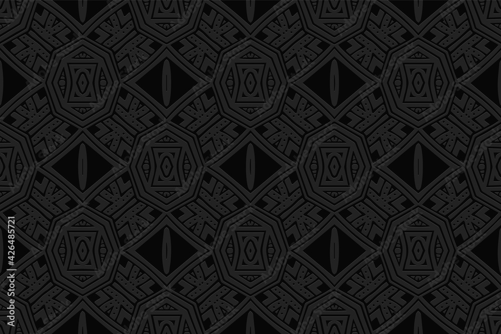 Geometric volumetric convex black background. Ethnic African, Mexican, Indian motives. Handmade style. 3D embossed national colorful pattern for presentations, wallpapers, textiles.