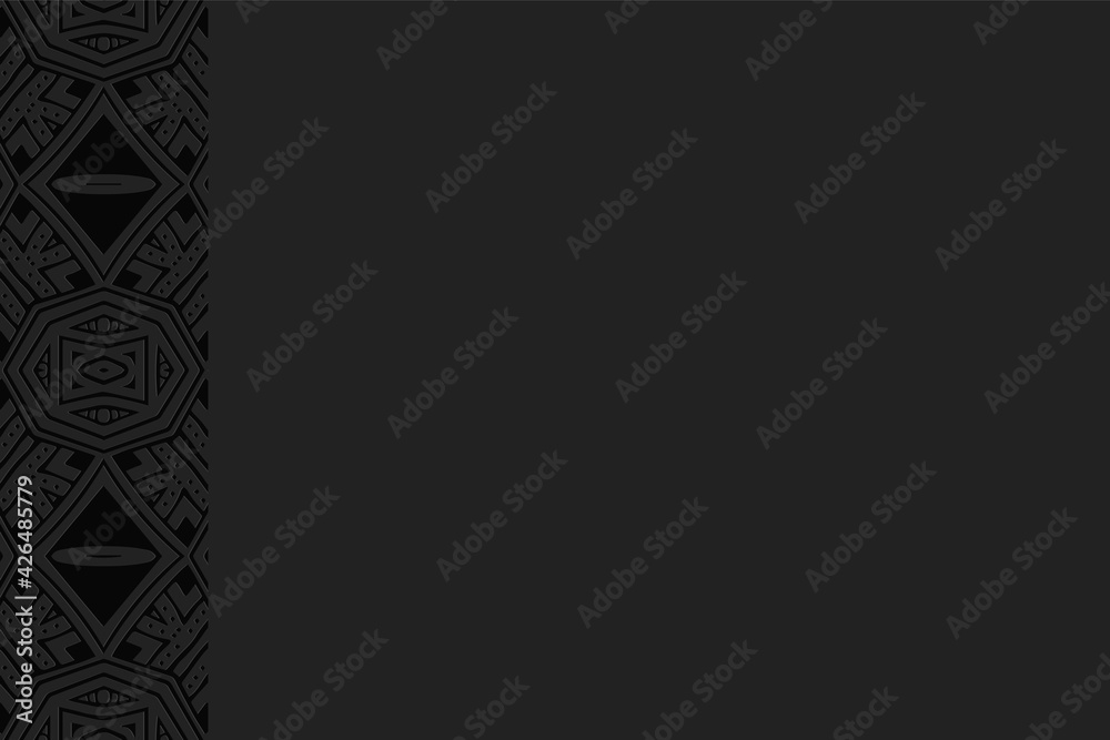Fototapeta premium Geometric volumetric convex black background. Ethnic African, Mexican, Indian motives. Handmade style. 3D embossed national colorful pattern for presentations. Vertical insert.