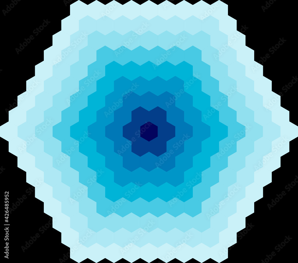 Composición de hexágono gigante creado con hexágonos más pequeños en la gama de los azules sobre fondo negro