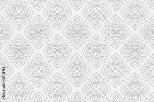 Geometric volumetric convex white background. Ethnic African, Mexican, Indian motives. Handmade style. 3d embossed fashionable decorative pattern for presentations, wallpapers, textiles.
