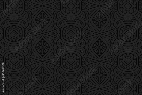 Geometric volumetric convex black background. Ethnic African, Mexican, Indian motives. Handmade style. 3D relief pattern of shapes, polygons and lines for presentations, wallpapers.