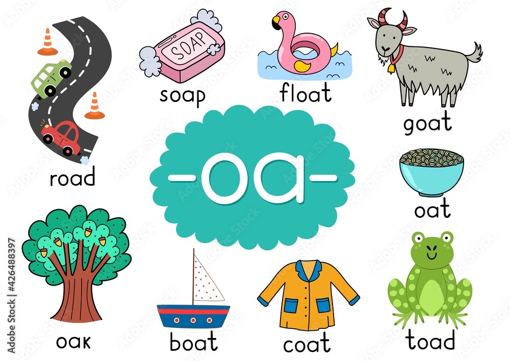 Fototapeta Oa digraph with words educational poster for kids. Learning