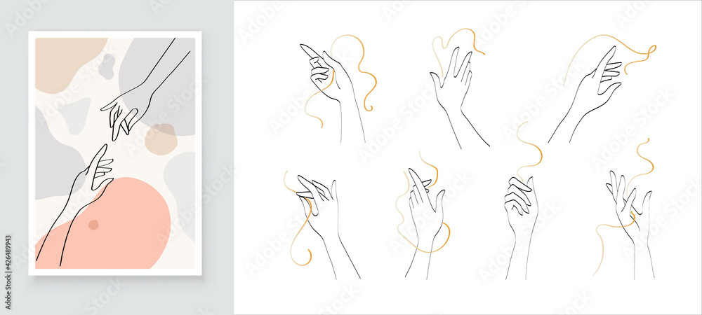 Modern Abstract Hand Set for Art Decoration. Boho. Minimal Art on Geometric Shapes Background. Painting Wall Pictures Home Room Decor. Abstract vector design.
