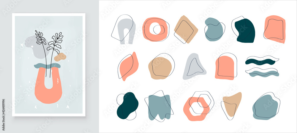 Modern Abstract Elements for Wall Art Decoration. Boho. Minimal Art Flower on Geometric Shapes Background. Painting Wall Pictures Home Room Decor. Abstract vector design. Modern Abstract Elements for Wall Art Decoration. Boho. Minimal Art Flower on Geometric Shapes Background. Painting Wall Pictures Home Room Decor. Abstract vector design.