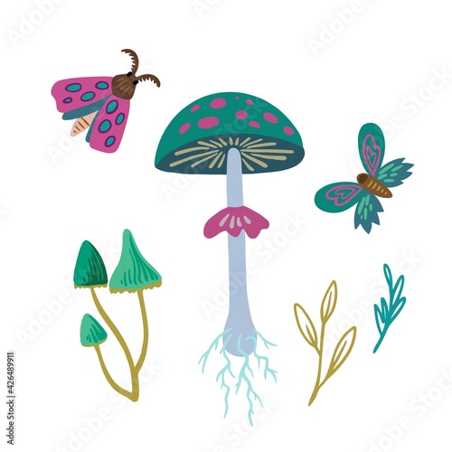 Cute illustration with green poison mushrooms and moths.