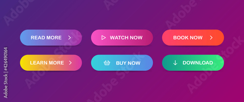 Read, Learn more, Book, Watch, Buy now, Download. Set of modern multicolored buttons. Vector EPS 10