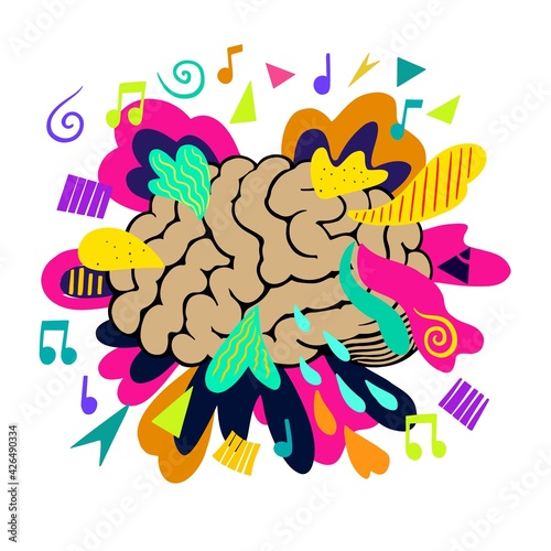 Bright brain concept with various colorful shapes and geometric elements.