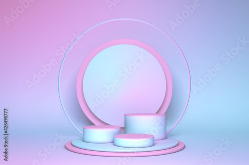 Abstract blue and pink gradient cylinder pedestal podium, Light pastel empty studio. 3D rendering geometric shape, Product display presentation.