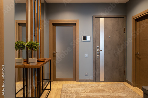 Wallpaper Mural Modern entrance hallway in neutral shades of brown and gray tones in loft style. Video intercom on wall. Plant on console. Concept fashionable interior design, use of natural materials, technology Torontodigital.ca